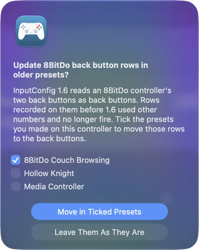 InputConfig 1.6 fragt, ob die Zeilen der 8BitDo-Rückseitentasten in älteren Voreinstellungen verschoben werden sollen.