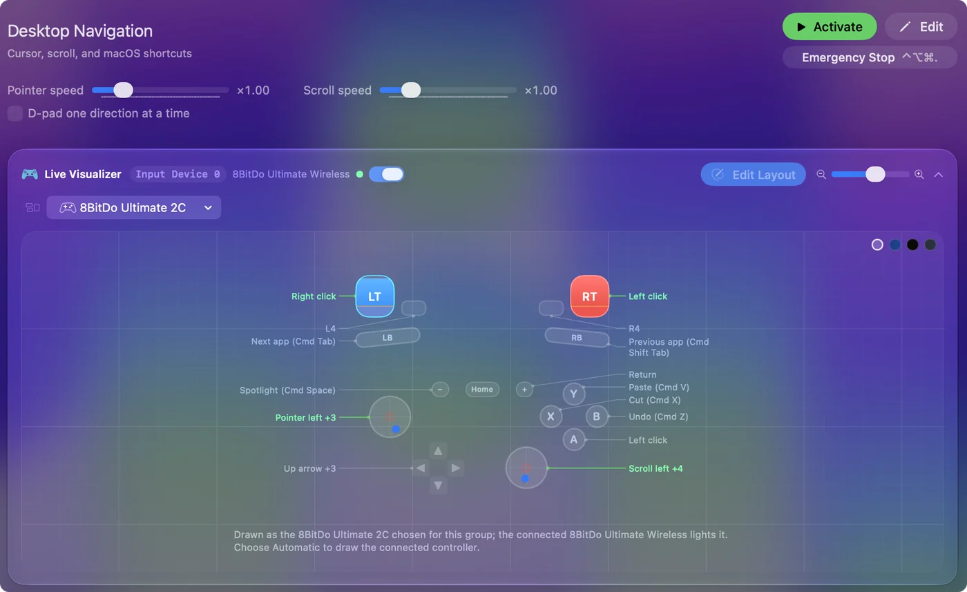 Navigace po ploše nakreslená na ovladači 8BitDo Ultimate v Live Visualizer v InputConfig.