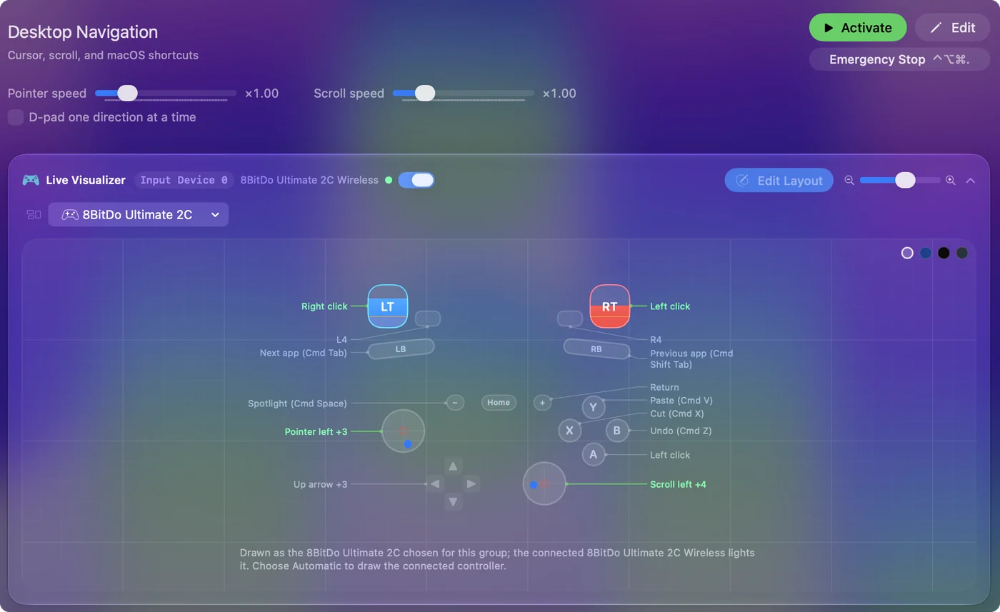 التنقل في سطح المكتب مرسومًا على ذراع 8BitDo Ultimate 2C في Live Visualizer في InputConfig، مع سحب أحد الزنادين وتحريك العصوين.