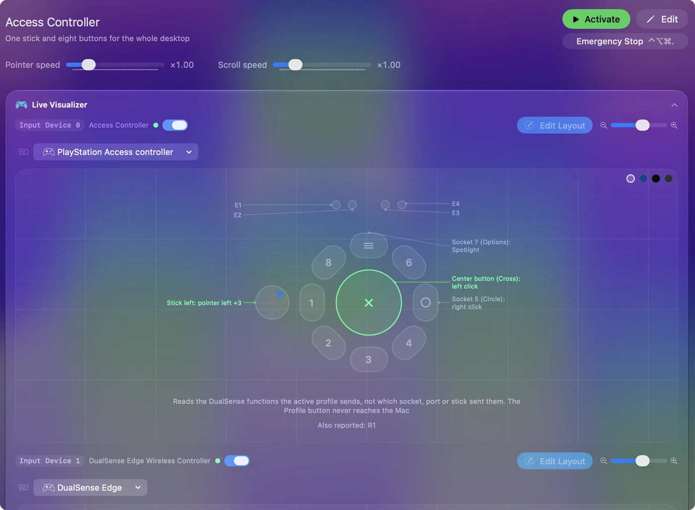Der Live Visualizer von InputConfig zeichnet den PlayStation Access Controller mit beschrifteten Tasten und Erweiterungsbuchsen.
