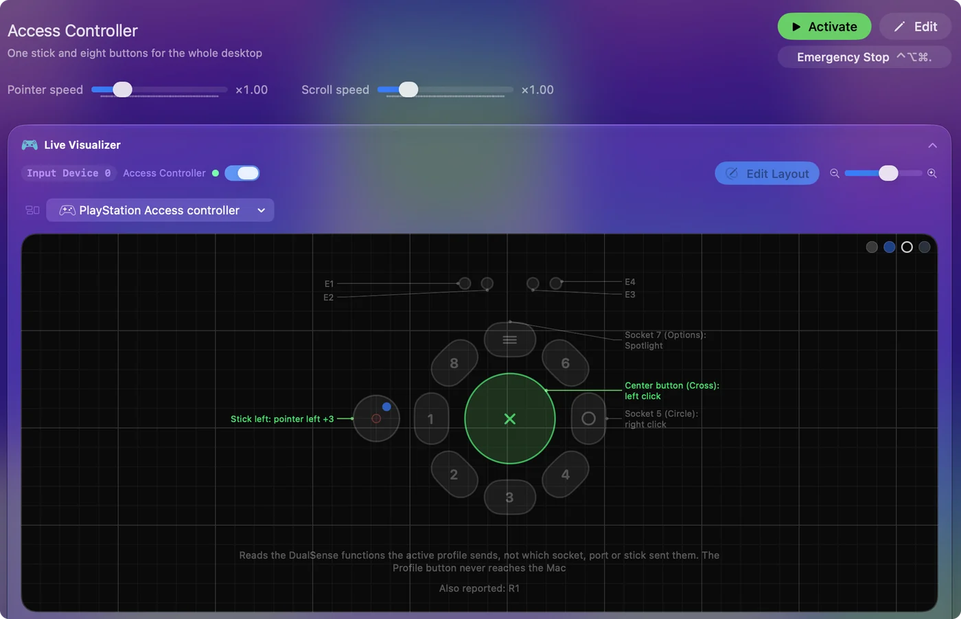The Live Visualizer drawing a PlayStation Access Controller with the Access Controller preset, the center button and sockets 5 and 7 labeled with their actions.
