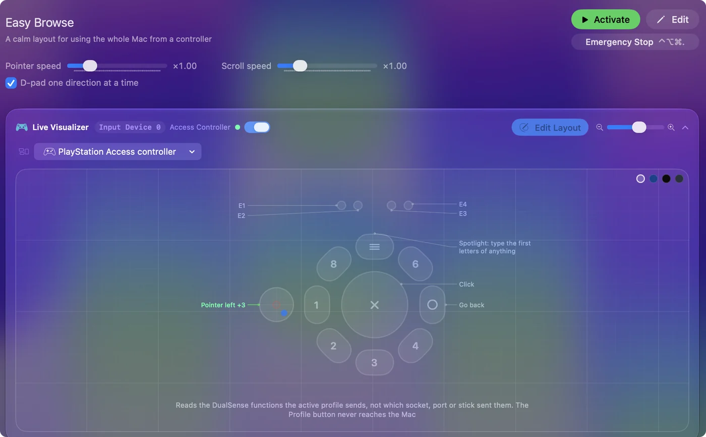 The Easy Browse preset drawn on a PlayStation Access Controller in InputConfig's Live Visualizer, with the stick, center button and sockets labeled.
