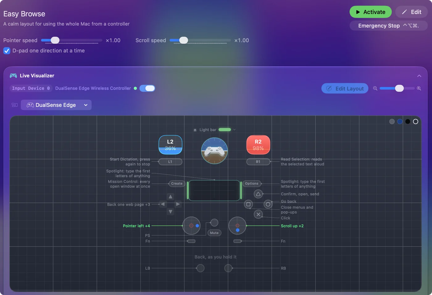 Easy Browse preset page showing each controller button's job and the pointer and scroll speed sliders.