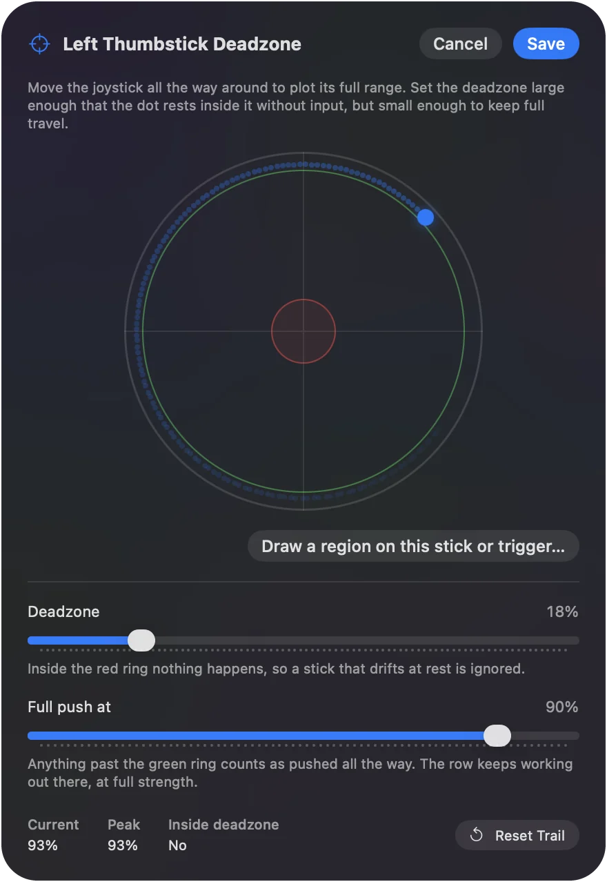 The Adjust live sheet with the deadzone ring dragged past the dot where the left stick rests.