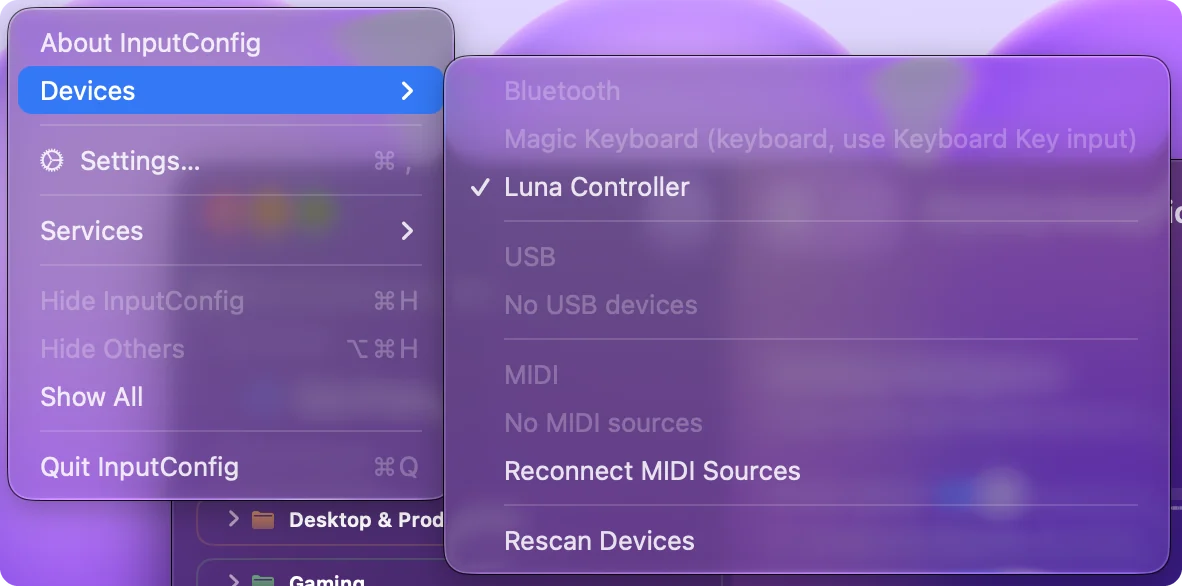 قائمة الأجهزة في InputConfig بعناوين بلوتوث وUSB وMIDI، وذراع USB عليه علامة اختيار، ولوحة مفاتيح رمادية بجانب نوعها.
