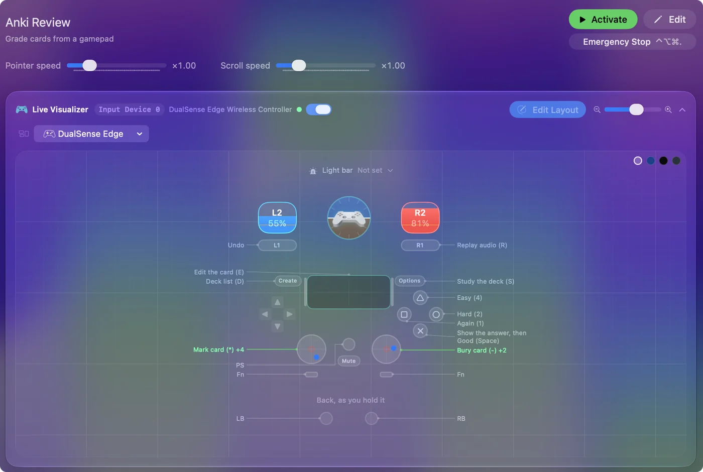 Ein Anki-Lernlayout auf einem DualSense Edge in InputConfig, mit Nochmal, Schwer, Gut und Leicht auf den Tasten beschriftet.