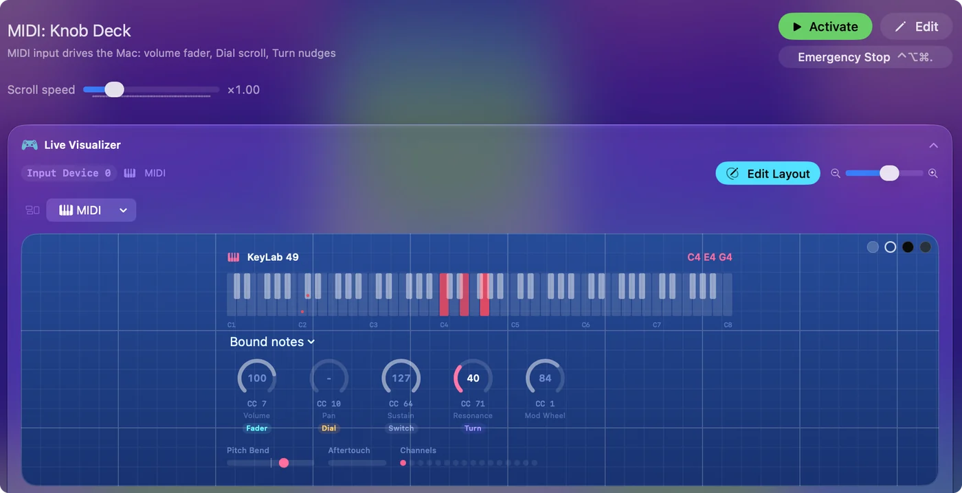 The Live Visualizer's MIDI layout in InputConfig with a keyboard named KeyLab 49, its notes shaded and five knob dials labeled with their control numbers.