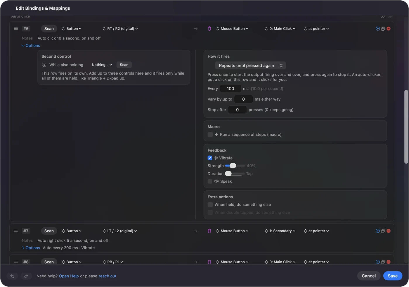 The right trigger row of the Auto Clicker preset with its Options open: How it fires set to Repeats until pressed again, Every 100 ms with 10.0 per second beside it, Vary by up to 0 and Stop after 0.
