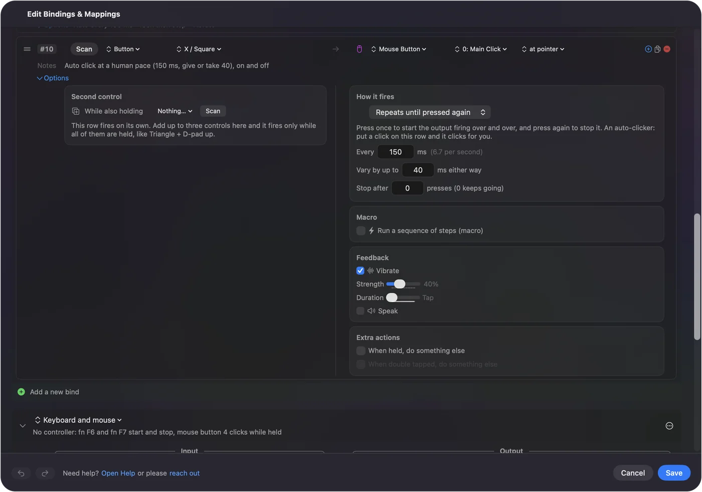 A click row's Options in InputConfig with How it fires set to Repeats until pressed again, Every 150 ms with 6.7 per second beside it, Vary by up to 40 ms either way, and Stop after 0 presses.