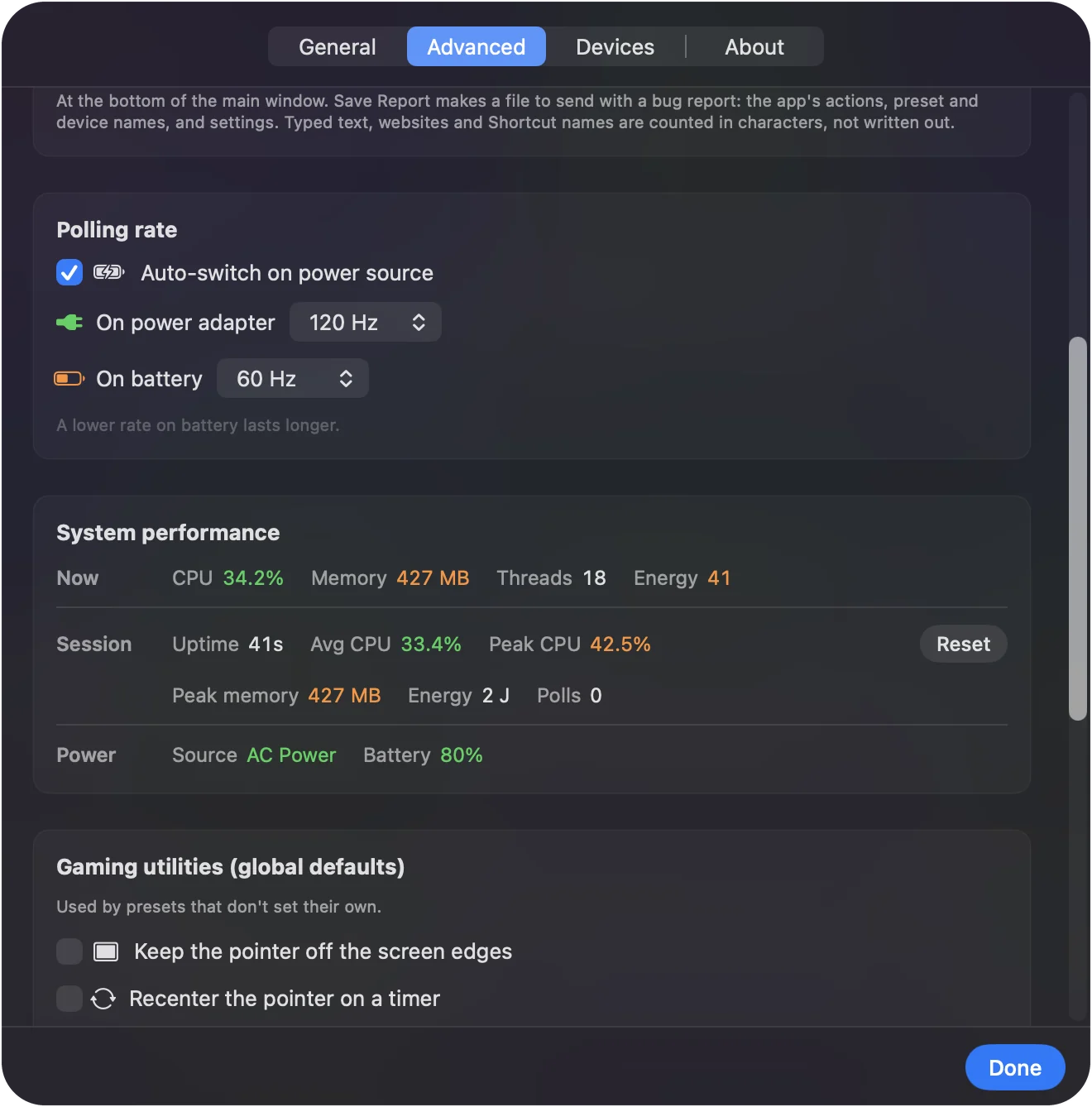 Bagian Polling rate pada tab Settings, Advanced InputConfig, dengan Auto-switch on power source dinyalakan, 120 Hz untuk adaptor daya dan 60 Hz untuk baterai.