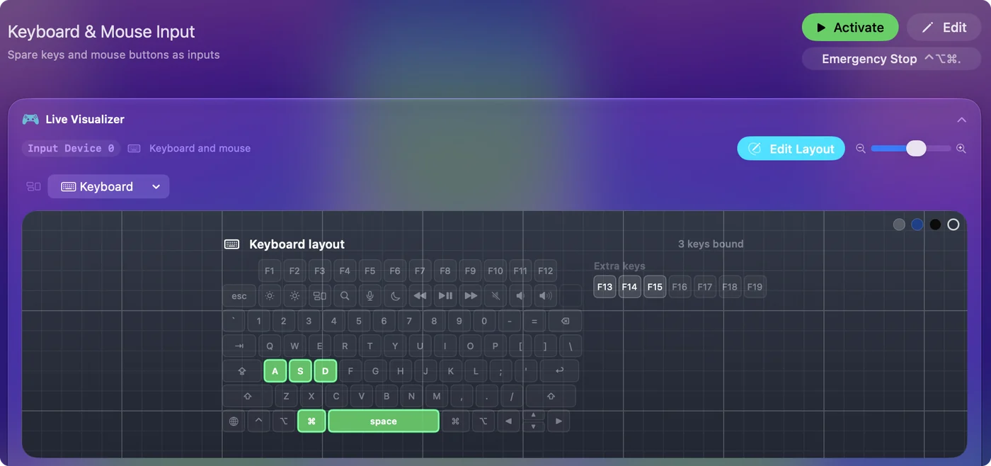 Die Vorlage Keyboard des Live Visualizers, als MacBook-Tastatur gezeichnet, mit den gedrückten Tasten leuchtend.