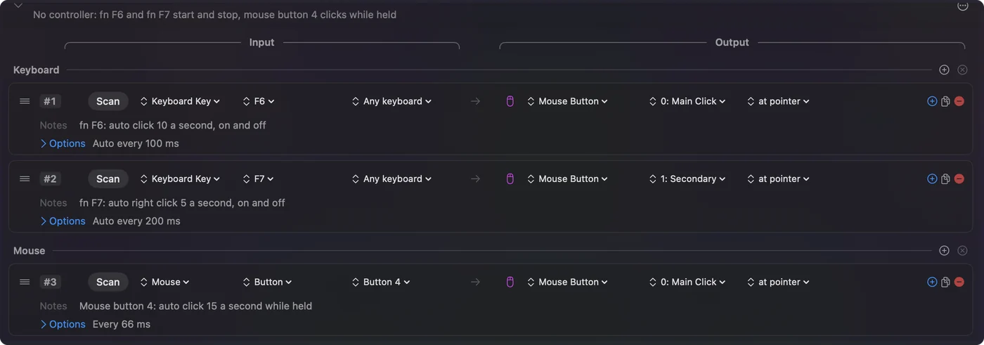 The Auto Clicker preset in the InputConfig editor, showing its keyboard and mouse rows: fn F6 auto click 10 a second on and off, fn F7 auto right click 5 a second on and off, and mouse button 4 auto click 15 a second while held.