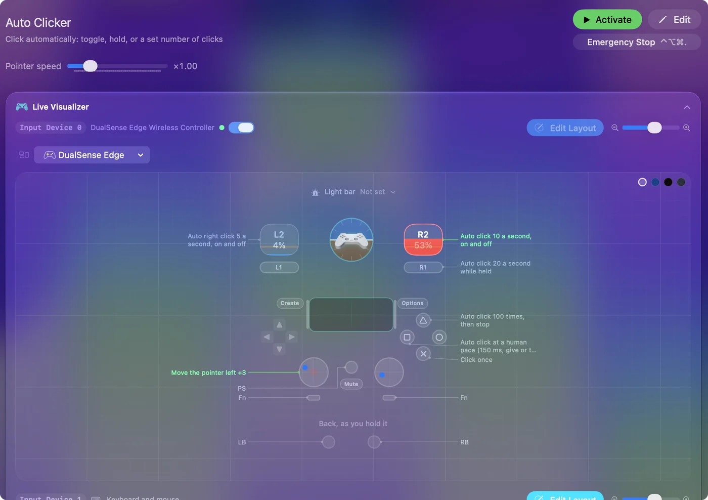 The Auto Clicker preset selected in the Desktop and Productivity folder of the InputConfig sidebar, with the Activate button on its page.