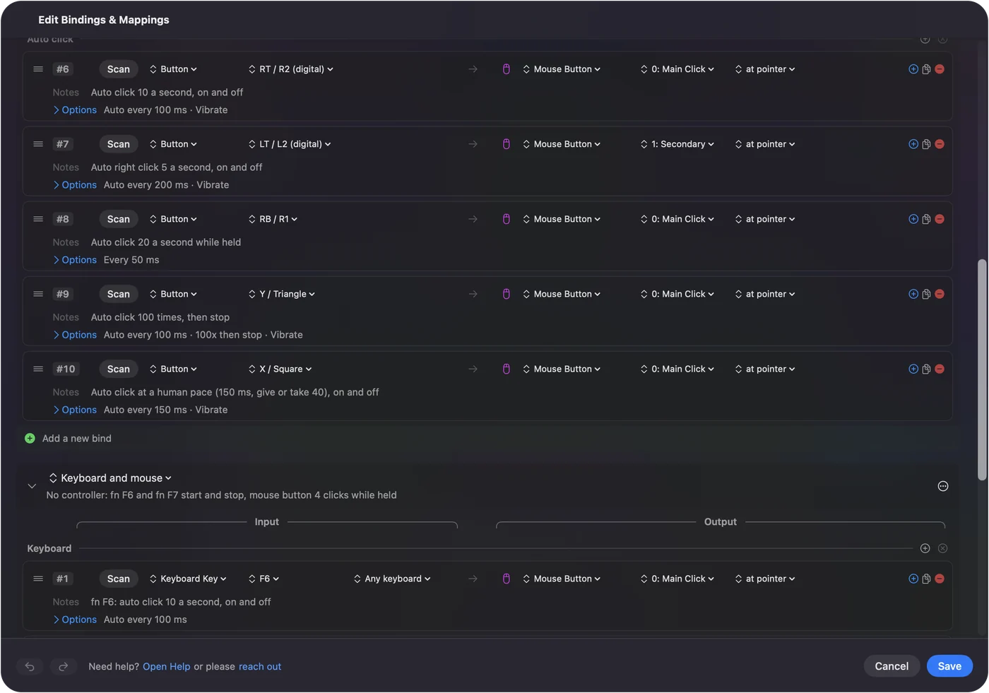 Uma linha no editor do InputConfig com a saída 0: Main Click, How it fires em Repeats until pressed again e Every em 100 ms.