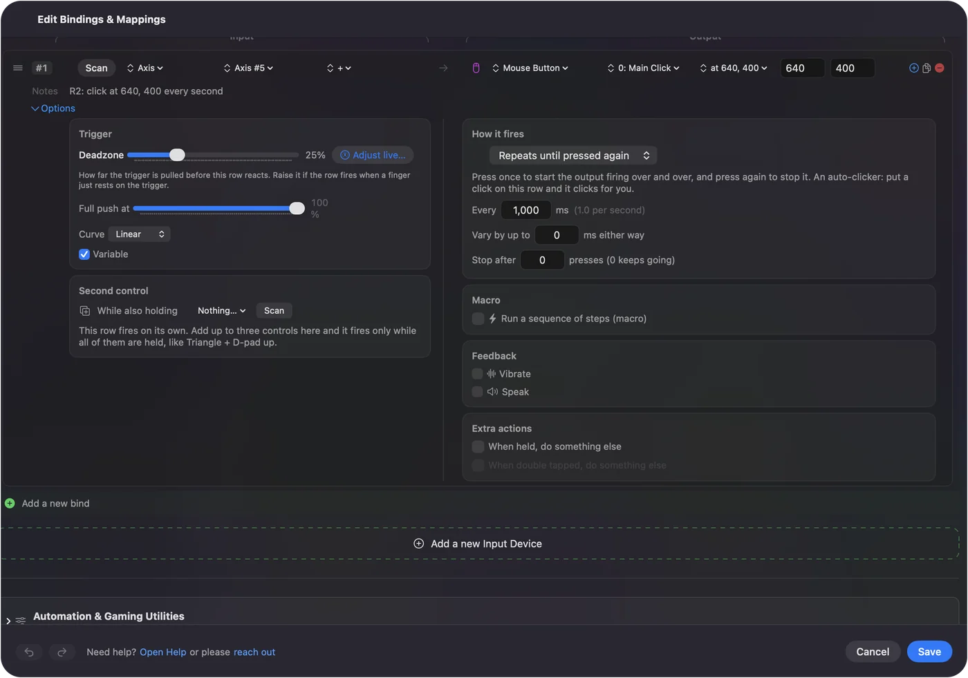 صف في محرر InputConfig وOptions مفتوحة: صف نقر مضبوط على النقر عند نقطة ثابتة، 640 و400، ويتكرر كل 1000 ملّي ثانية.