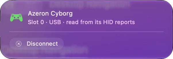 Vyskakovací okno pro Azeron Cyborg nahoře v postranním panelu InputConfig: Slot 0, USB, čteno z HID reportů, s tlačítkem Disconnect.