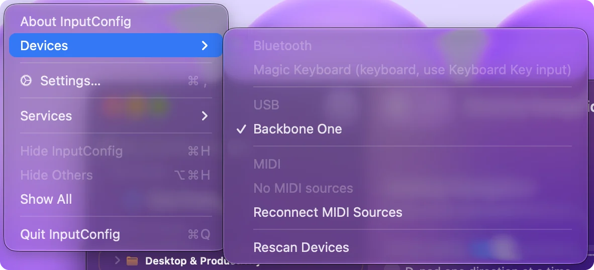 Menu Thiết bị của InputConfig với các mục Bluetooth, USB và MIDI, một tay cầm USB có dấu tick, và một bàn phím được liệt kê màu xám bên cạnh loại của nó.