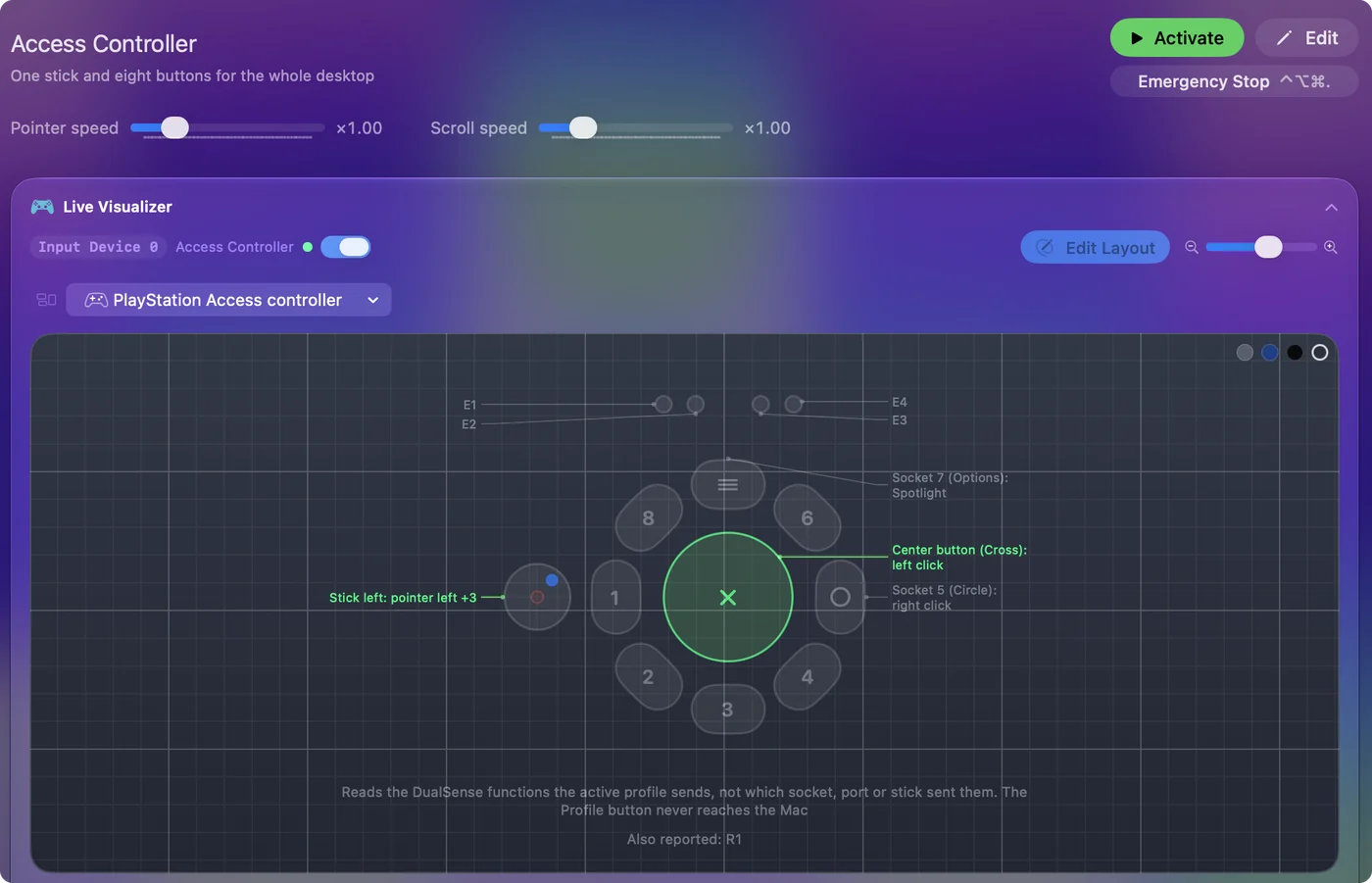 Live Visualizer في InputConfig يرسم PlayStation Access Controller مع تسمية أزراره ومقابس التوسعة.