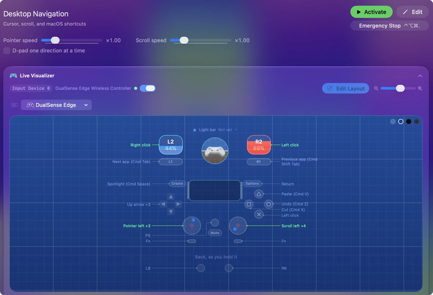 نافذة InputConfig الرئيسية مع تحديد الإعداد المسبق Desktop Navigation، وصفوفه تسرد عنصر تحكم في الذراع على اليسار والمفتاح أو النقرة التي يرسلها على اليمين.