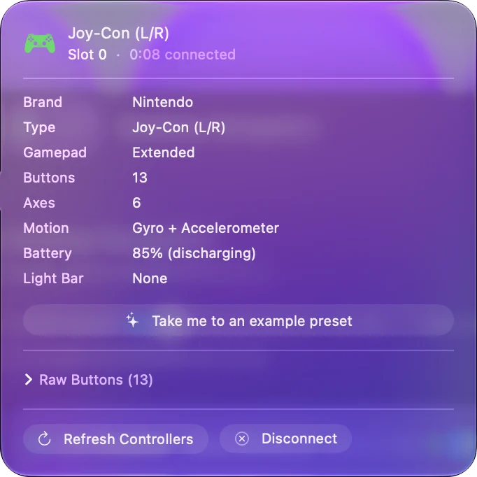 Vyskakovací okno pro dvojici Joy-Conů nahoře v postranním panelu InputConfig, které ukazuje značku, typ, tlačítka, osy a baterii, s tlačítky Refresh Controllers a Disconnect.
