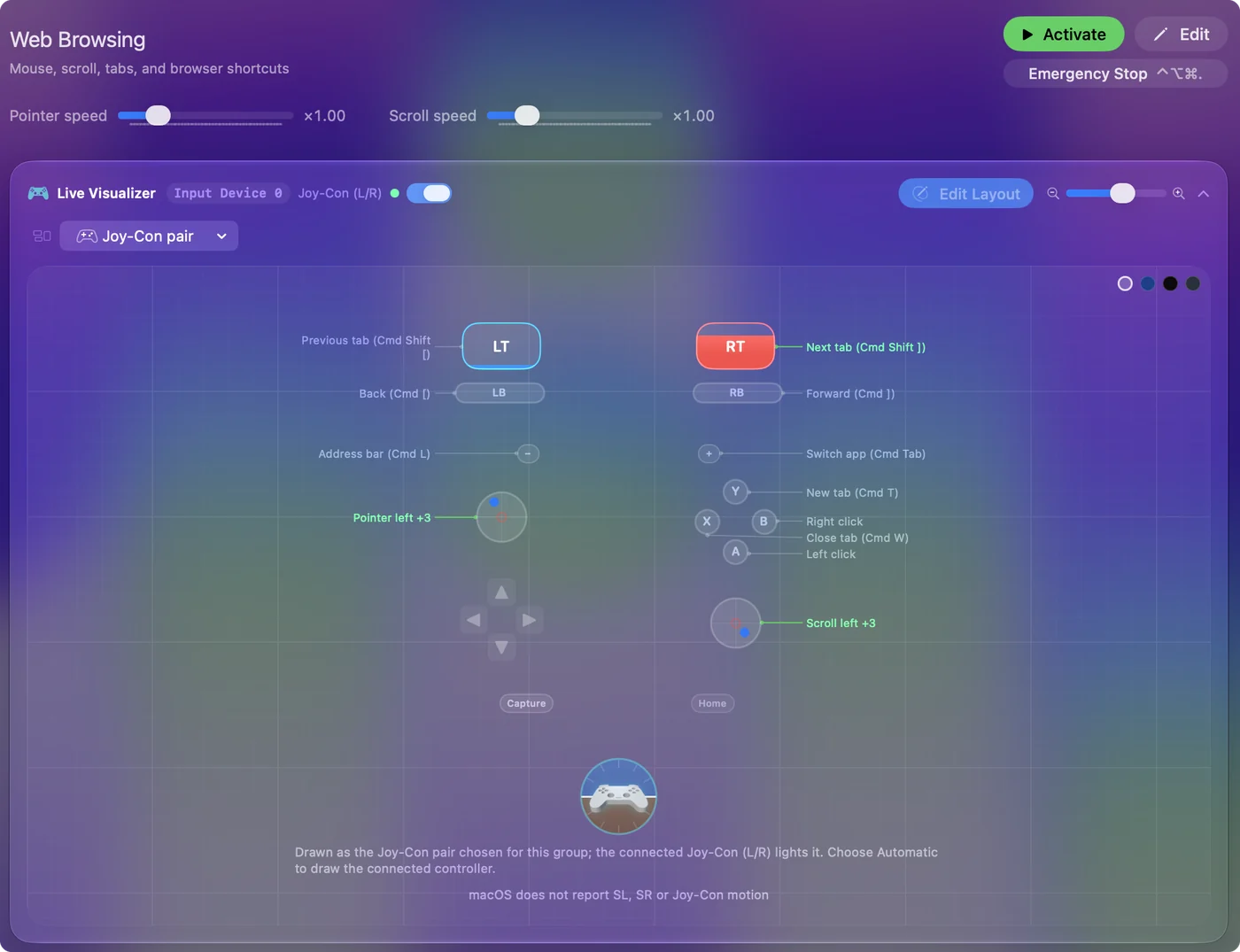 Předvolba Web Browsing nakreslená na dvojici Joy-Conů v Live Visualizeru InputConfig.