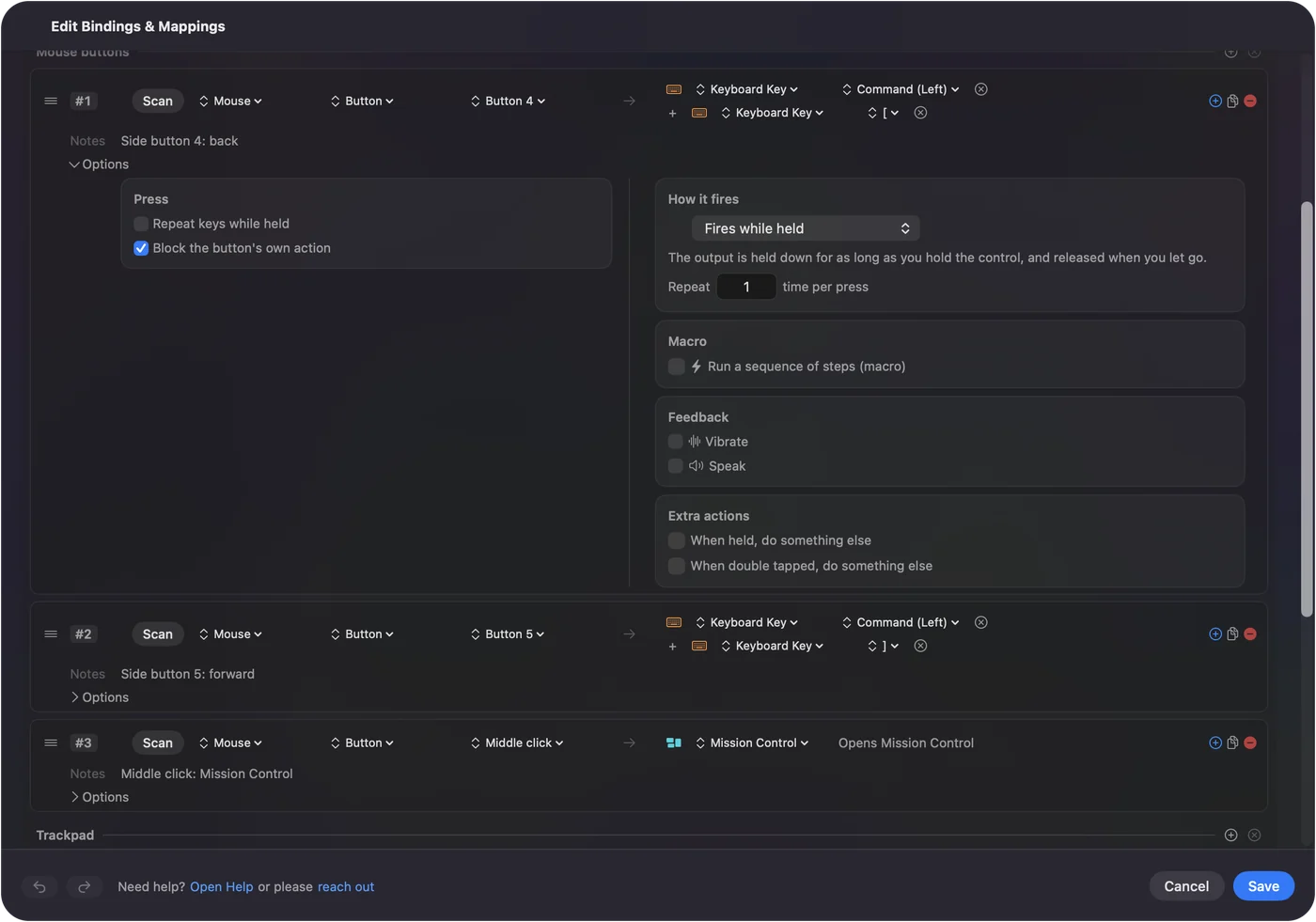 A mouse side button row in the InputConfig editor with Block the button's own action ticked.