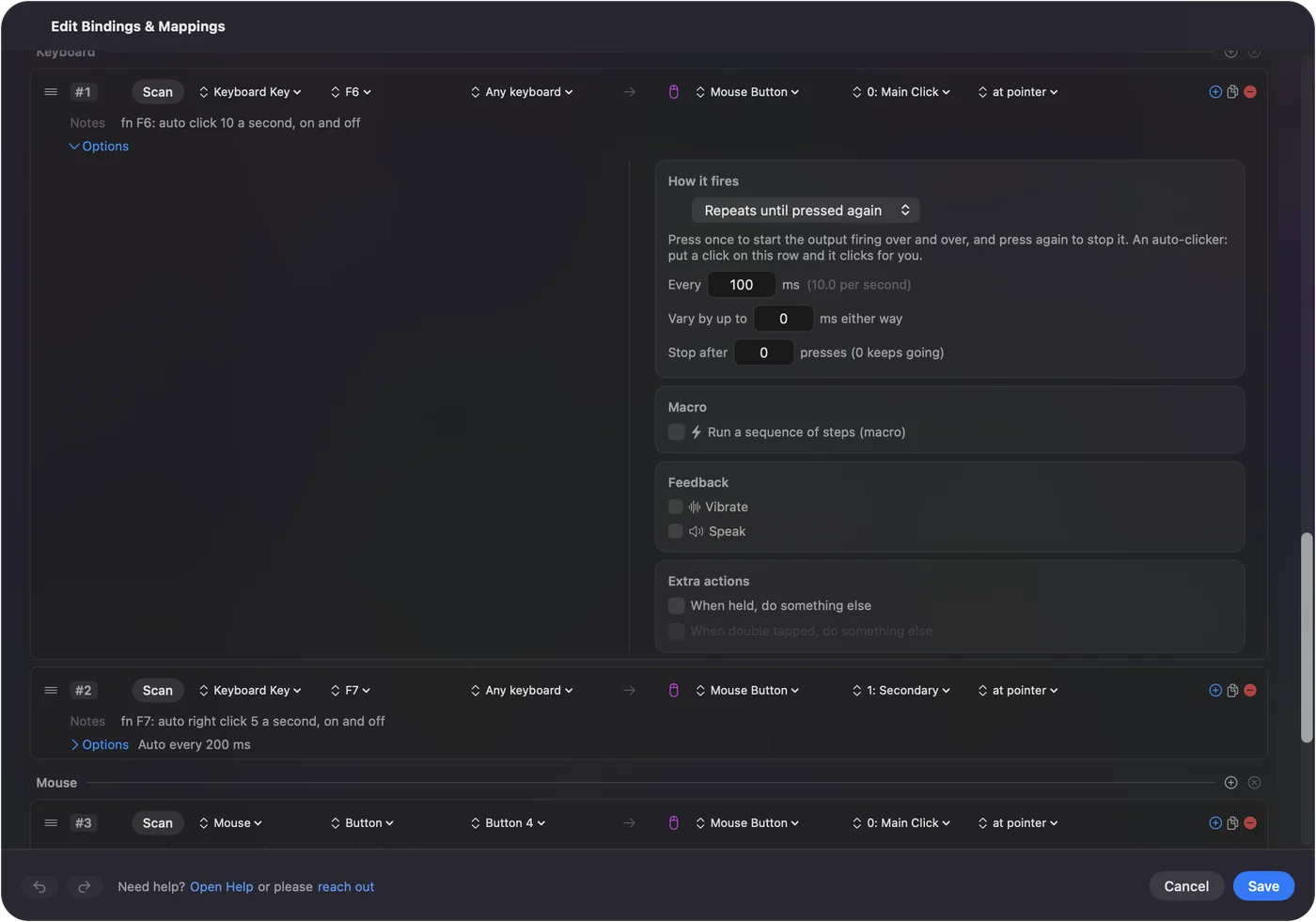 A row in InputConfig's editor with its Options open: fn F6 as the input, a left click as the output, set to Repeats until pressed again every 100 ms.