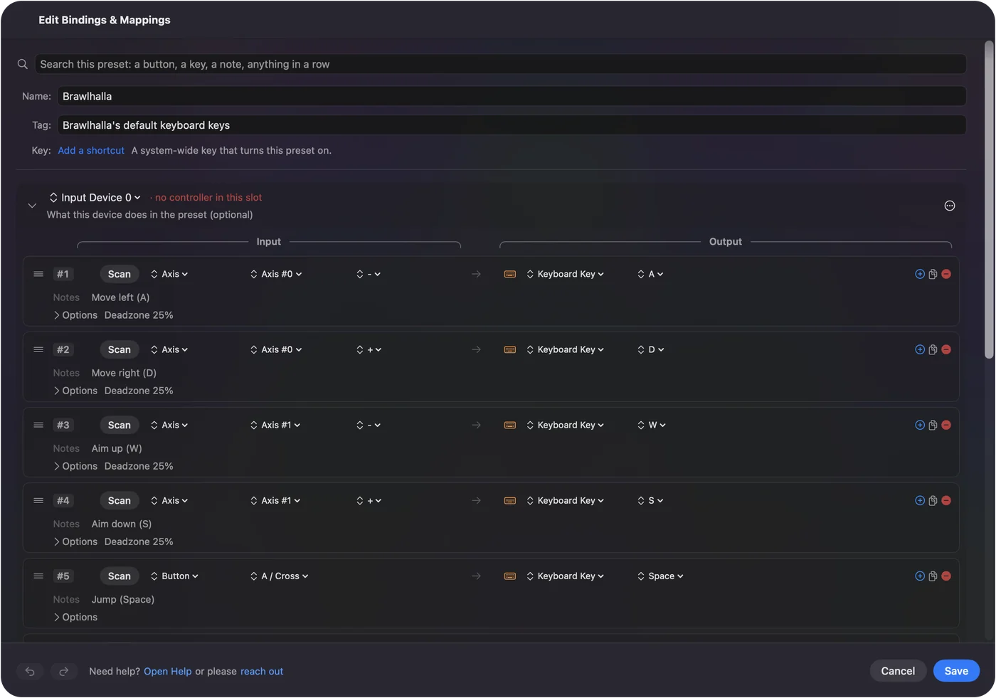 Eine Voreinstellung in InputConfig mit Zeilen für den linken Stick, die Aktionstasten und eine Schultertaste des Controllers, jede auf eine der Tastaturtasten von Brawlhalla gelegt.