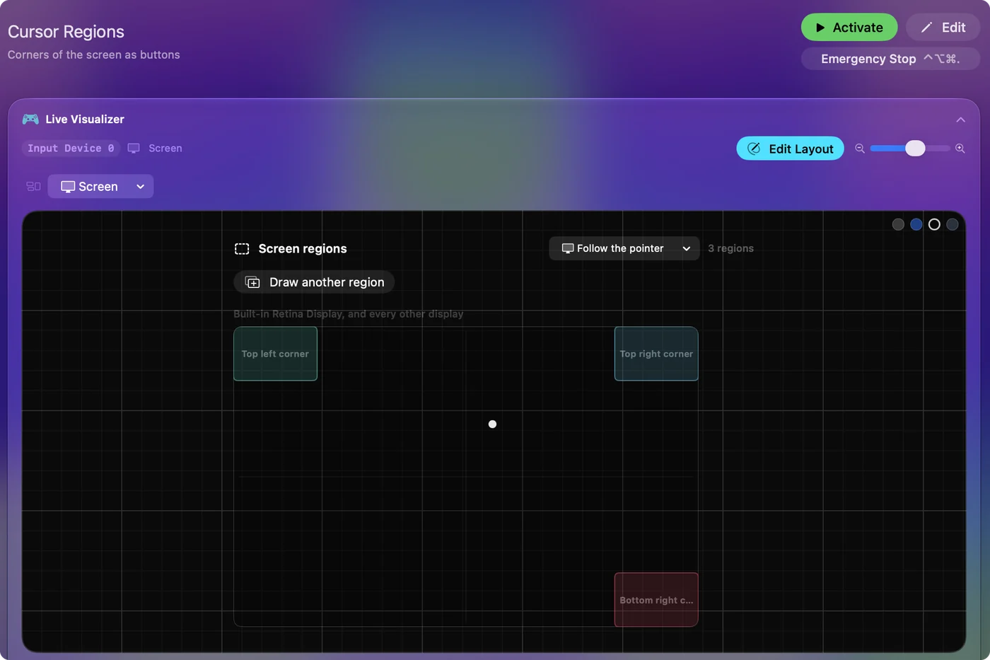 Live Visualizer في InputConfig على عرض الشاشة، مع منطقة رفيعة مرسومة على طول الحافة العلوية للشاشة والمؤشر الحي بجانبها.