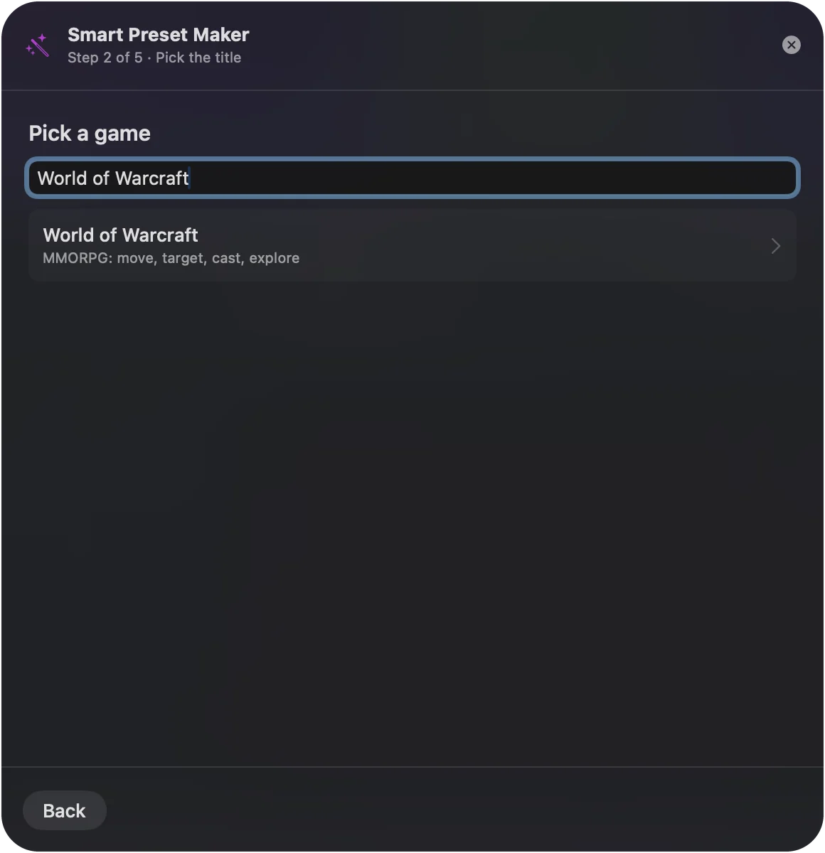 Der Smart Preset Maker in InputConfig mit einem Spielnamen im Suchfeld und dem fertigen Layout darunter.