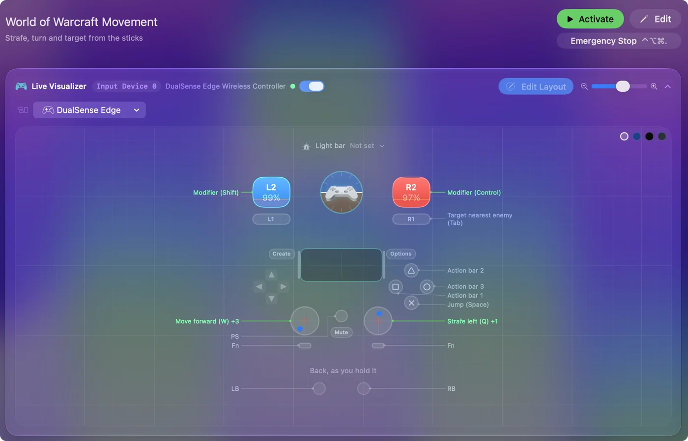 Ein Layout für World of Warcraft, auf einem DualSense Edge im Live Visualizer von InputConfig gezeichnet, jede Bedienung mit der Taste beschriftet, die sie sendet.
