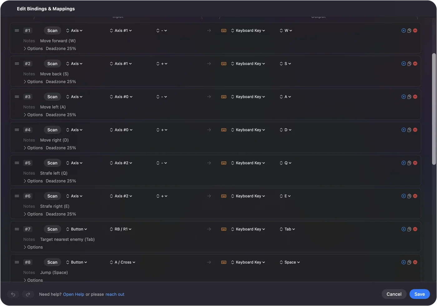 Das Layout für World of Warcraft im Editor von InputConfig, eine Zeile für jede Bedienung und die Taste, die sie sendet.