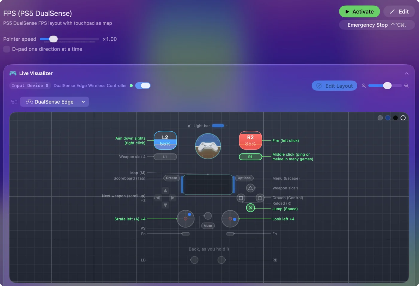 The InputConfig Live Visualizer drawing a connected controller, with the pressed button and the moved stick lit up.