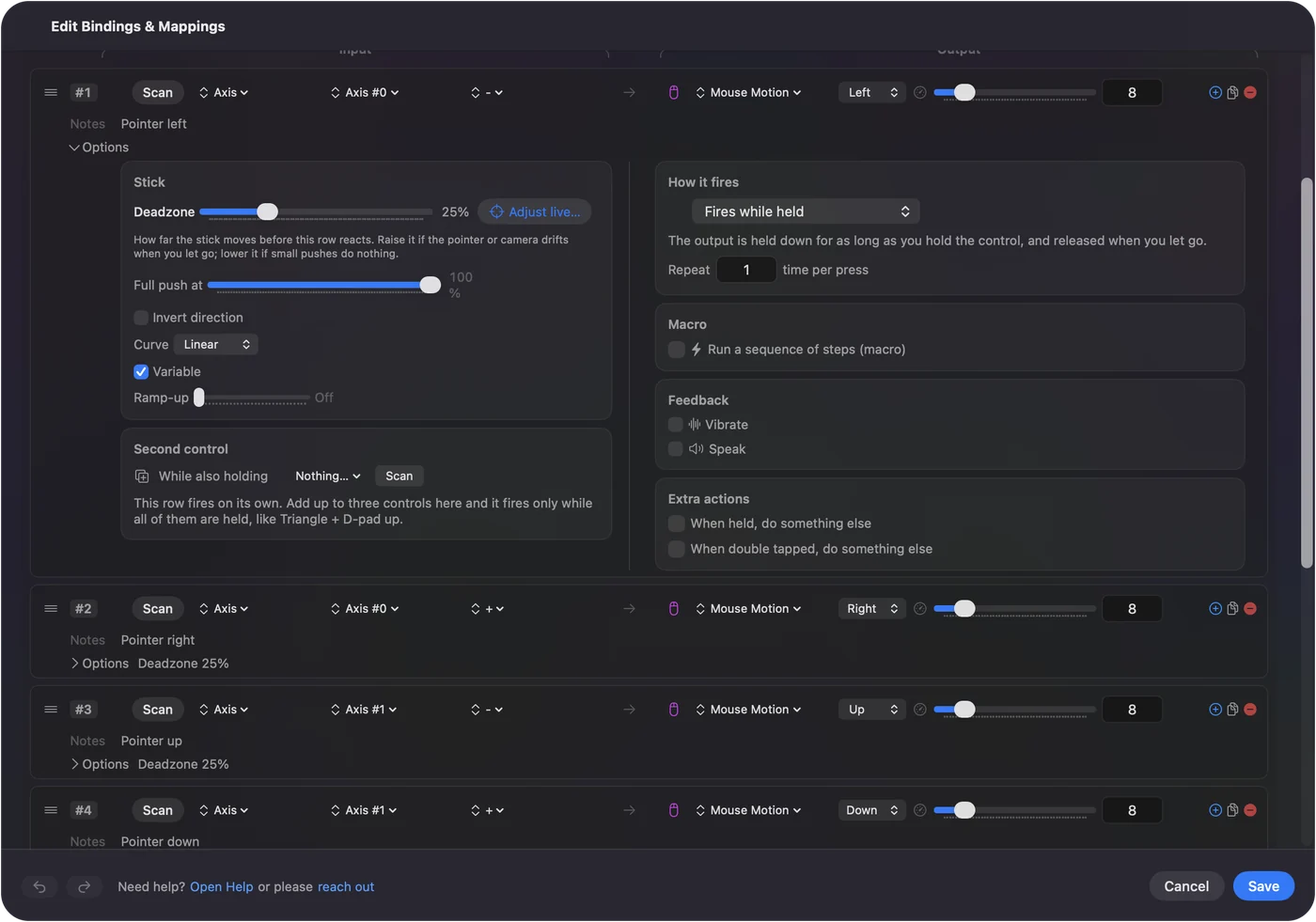 Una fila en el editor de InputConfig con sus Opciones abiertas: cuatro filas de stick para el puntero, un clic en Cross y Options abriendo Safari.
