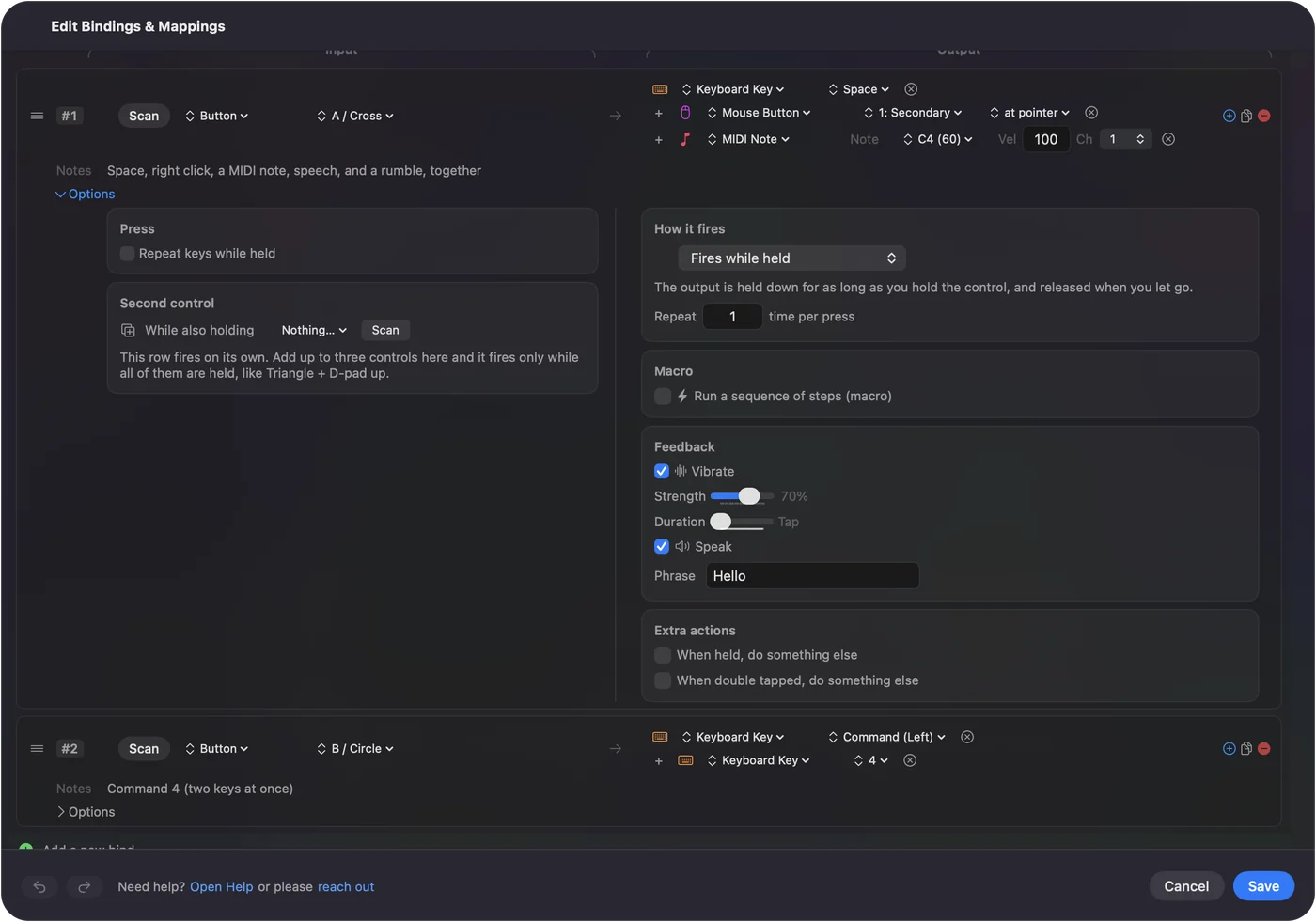 Una fila del editor de InputConfig con sus opciones abiertas: una entrada que envía varias salidas a la vez, una tecla, un clic y una nota MIDI, con Vibrate y Speak marcadas.