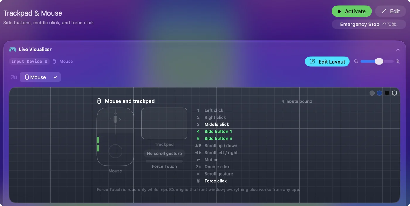 Mapa myši v Live Visualizer v InputConfig s osvícenými dvěma bočními tlačítky, která ukazuje, že Mac přijímá Button 4 a Button 5.