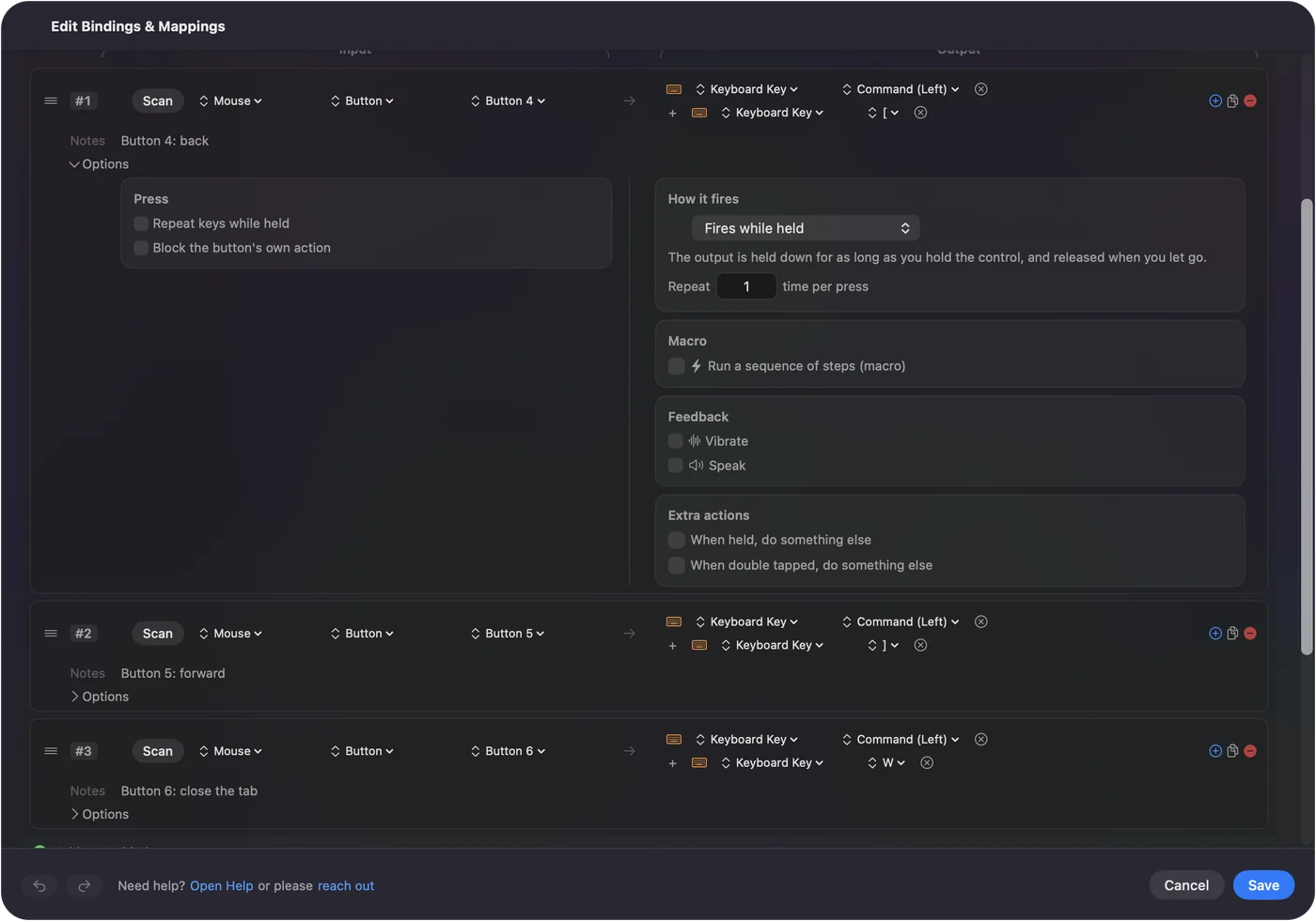 A row in InputConfig's editor with its Options open: mouse Button 4, Button 5 and Button 6 rows sending back, forward and Command W.