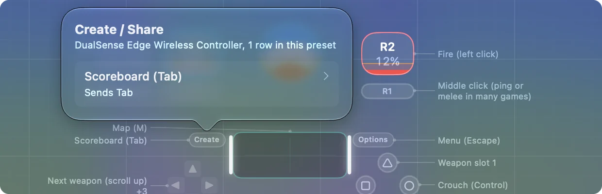 InputConfig's Live Visualizer with the Create button selected on a DualSense drawing, showing that the FPS preset sends Tab.