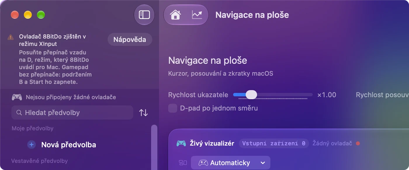 Hlavní okno InputConfig s poznámkou, že byl zjištěn ovladač 8BitDo v režimu X, a režimem, který pro daný model použít.