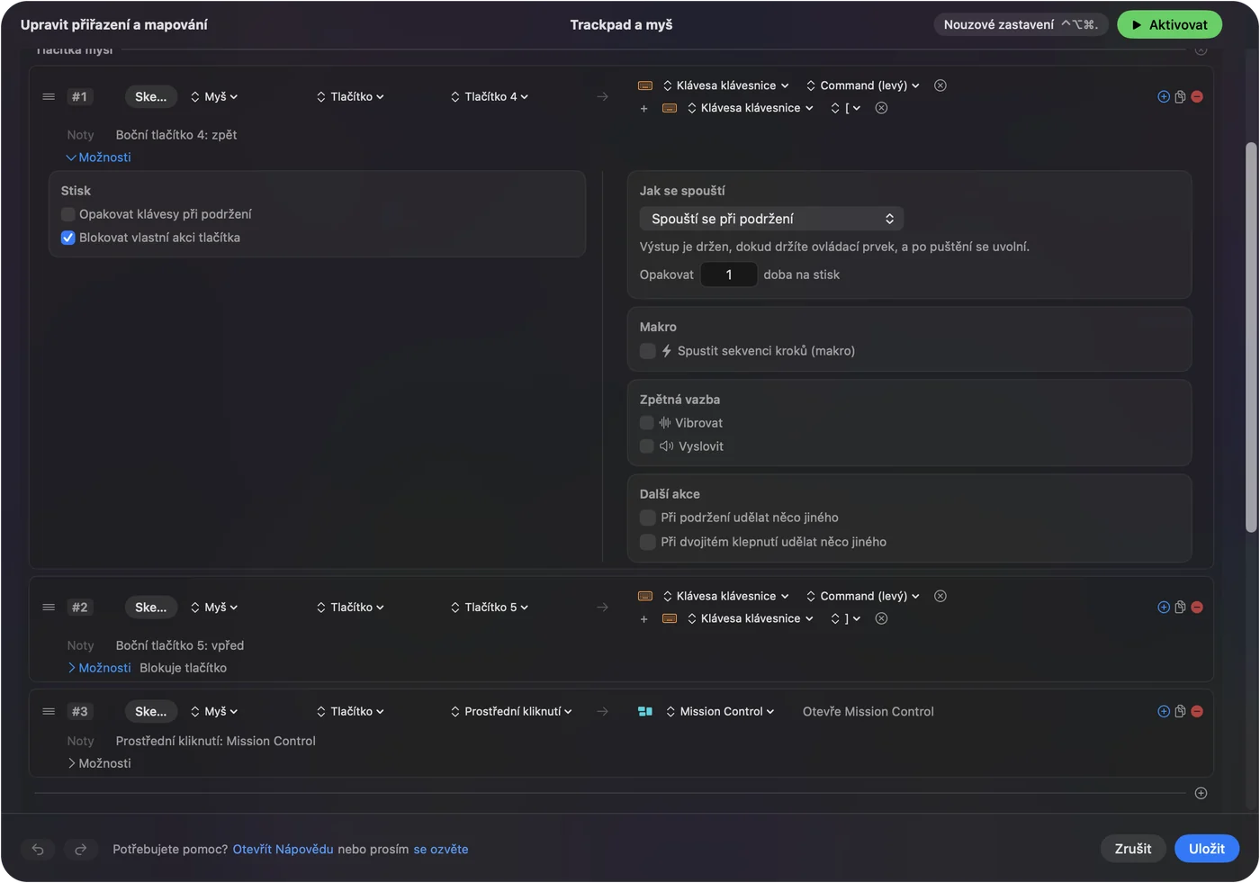 Řádek bočního tlačítka myši se zapnutou volbou Block the button's own action.