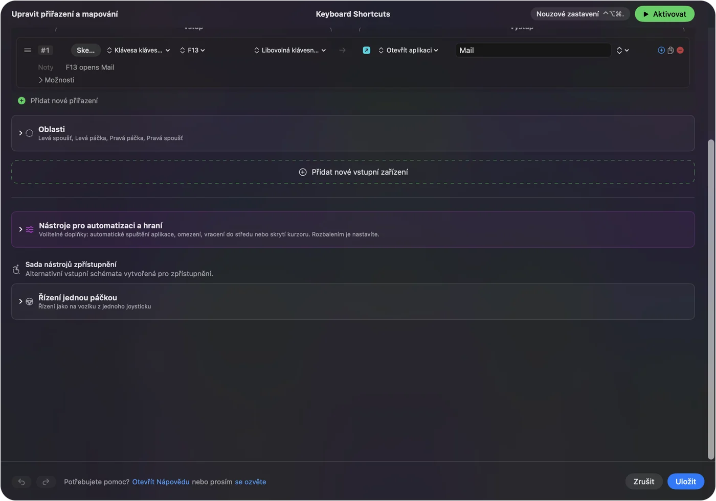 Řádek v InputConfig, kde F13 otevírá aplikaci.
