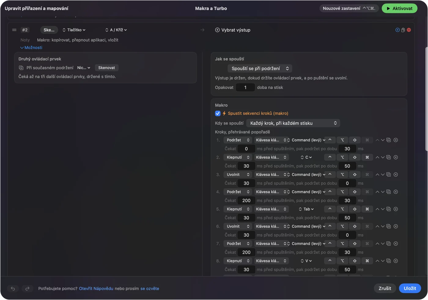 Editor maker v InputConfig se zaškrtnutým Run a sequence of steps a očíslovanými kroky, které drží Command, klepnou na písmeno, pustí Command a mezi kroky čekají.
