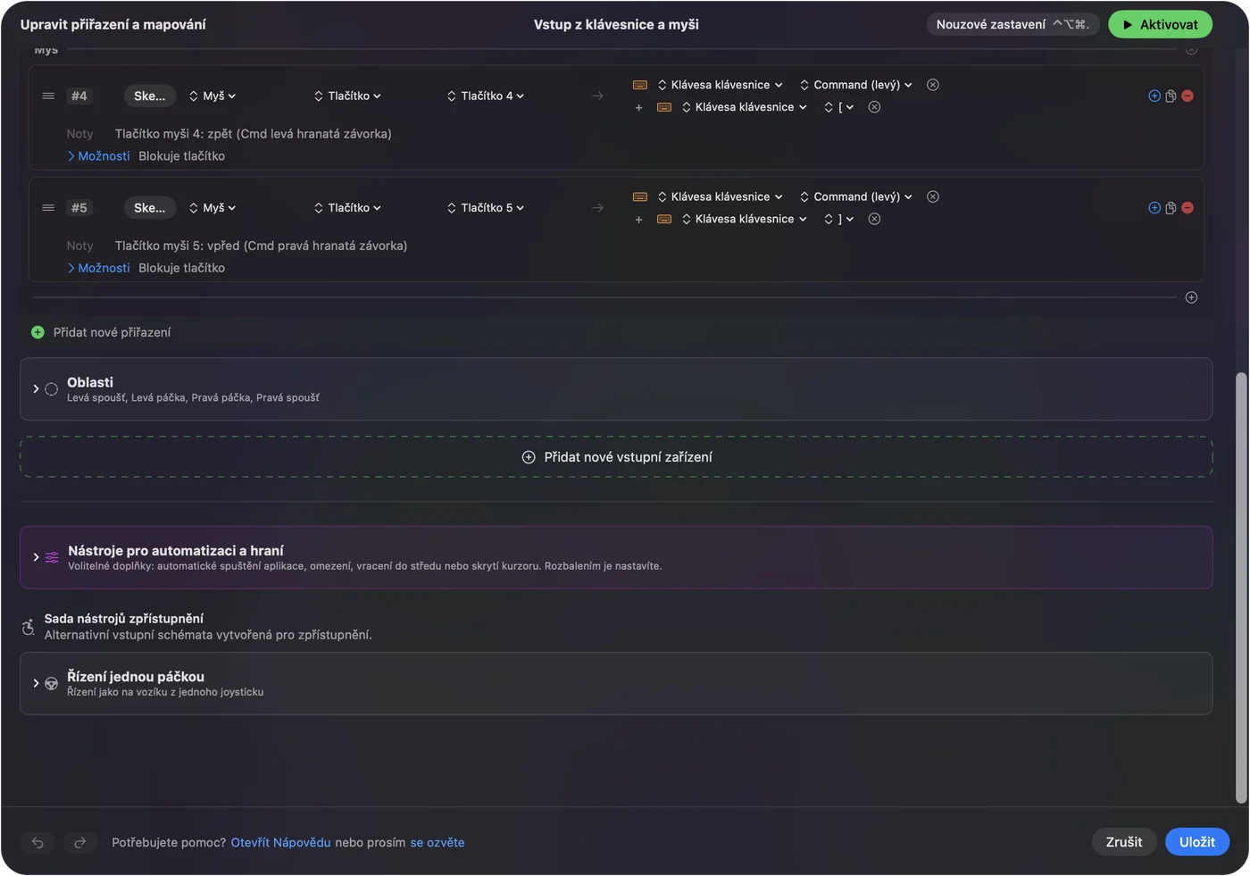 Řádek v InputConfig pro boční tlačítko myši, který posílá klávesovou zkratku zpět.