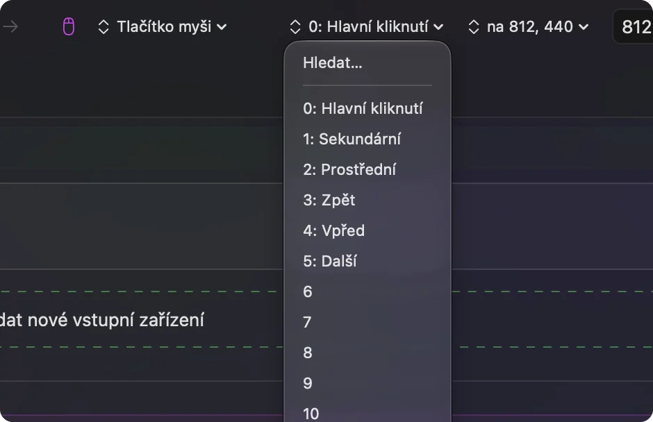 Nabídka výstupu řádku myši v InputConfig.