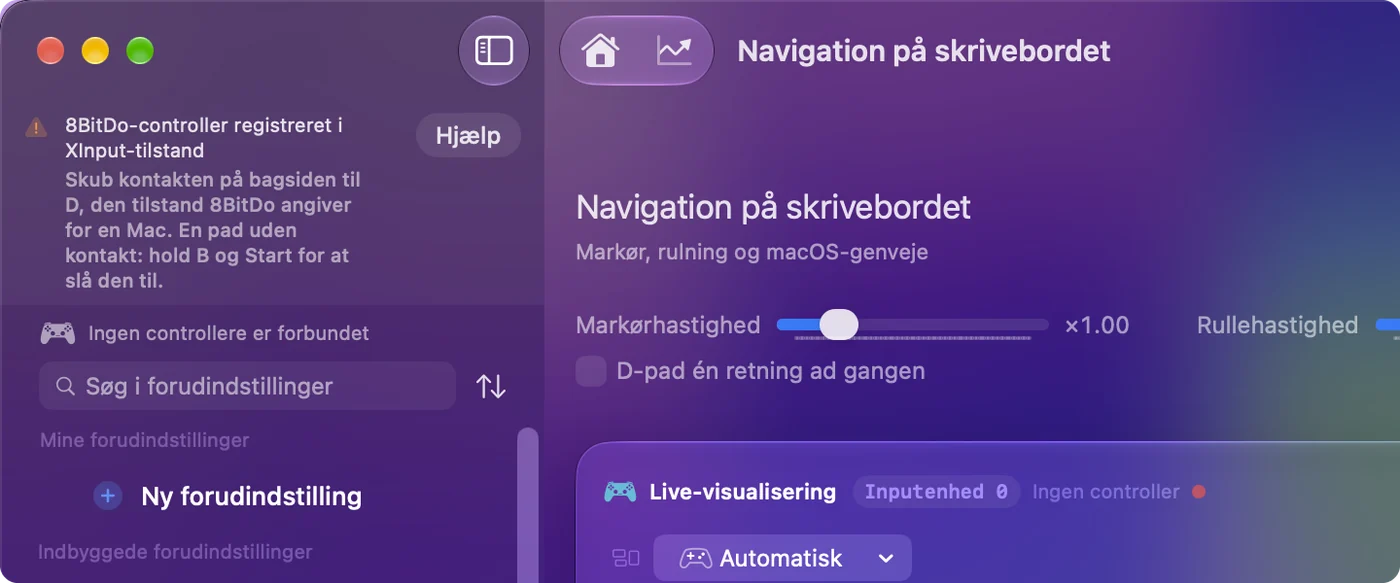 InputConfigs hovedvindue med en note, der siger, at en 8BitDo-controller blev fundet i X-tilstand, og hvilken tilstand der skal bruges til den model.
