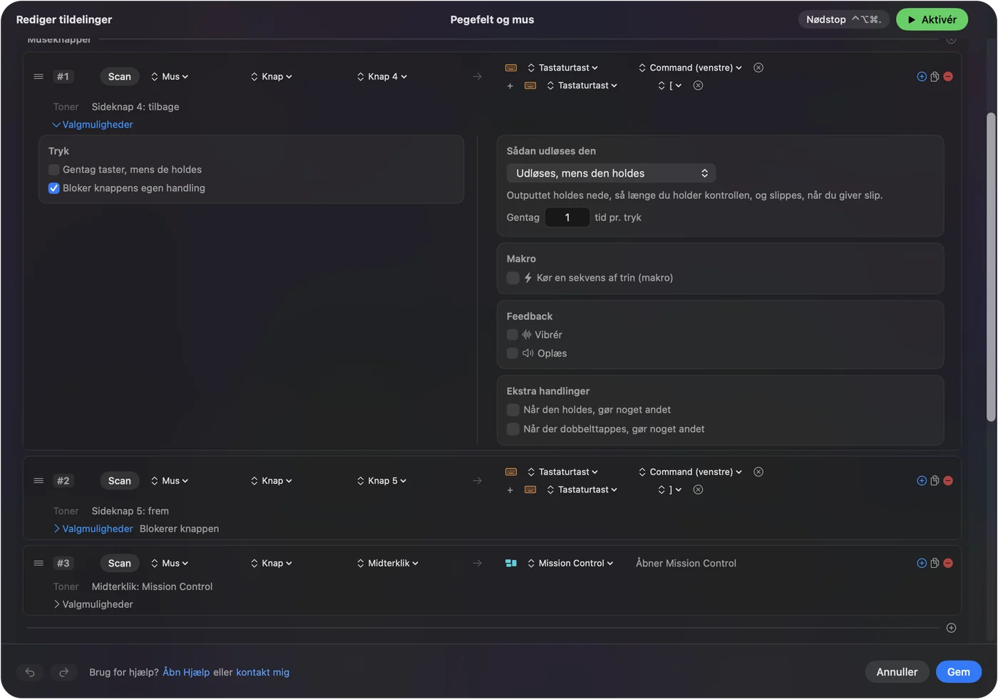 InputConfigs bindingseditor med to museknaprækker, der sender Command venstre klamme og Command højre klamme, og Block the button's own action markeret i den første.