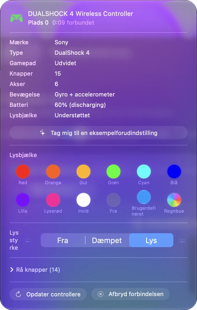 InputConfigs controller-pop-op til en DualShock 4 med batteriniveau og lysbjælkens farve.