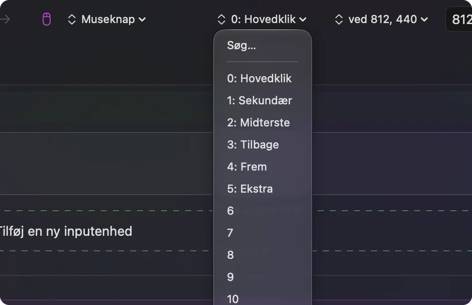 Outputmenuen i en musrække i InputConfig.
