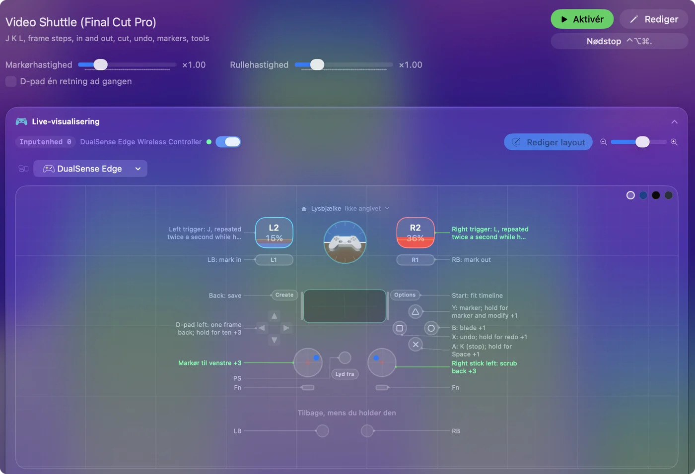 Presetten Video Shuttle til Final Cut Pro i Live Visualizer, med J og L på triggerne, markering af start og slut på bumperne, klip, fortryd og markør på frontknapperne.