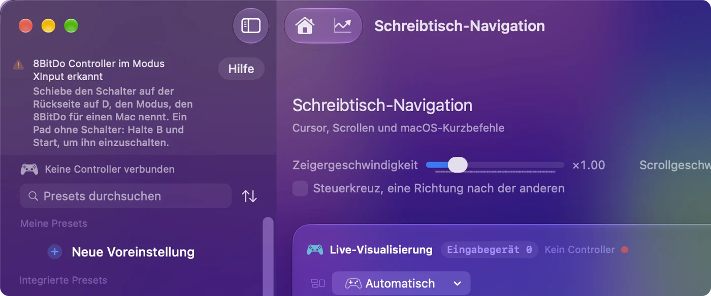 Das Hauptfenster von InputConfig mit einem Hinweis, dass ein 8BitDo-Controller im X-Modus erkannt wurde, und dem Modus, der für dieses Modell zu nutzen ist.
